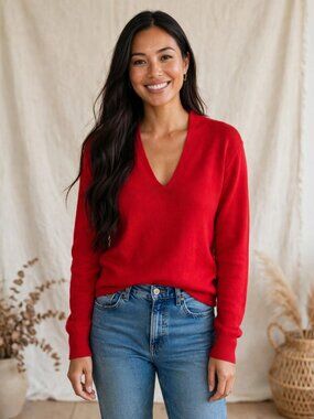 Repeat L Red V-Neck Knit Sweater Cotton Silk Cashmere Blend Luxury Old Money